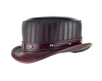 Oxblood Red Leather Hat "Modest Baron" Oxblood Short Height Top Hat - Steampunk/Carney Couture -Red Fade with Dome Stud Band