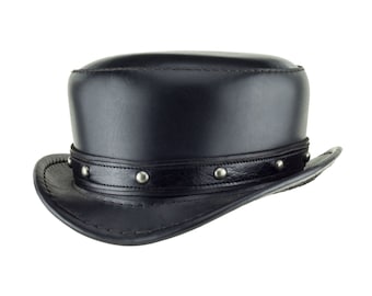Leather Top Hat - "Pinkerton" Black - Steampunk Tophat - Top-stitched - Short - Ringmaster - Dome Stud Band - Circus Couture - Festival Hat