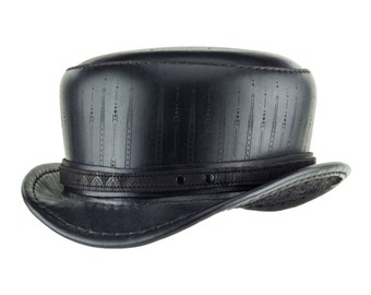 Black Leather Top Hat - Deco Stripe "Pinkerton" Steampunk Top Hat - Festival - Steampunk - Leather Hat - Circus Couture - Striped Steampunk