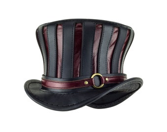 Mad Hatter Hat striped leather top hat in black and red - steampunk hat - Tall bell tophat - Alice in wonderland hat - circus hat - goth hat