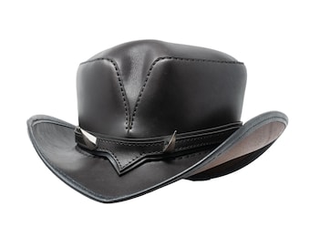 Brown Leather Hat - "Wicked Rambler" Chocolate Apocalyptic Western Hat with Chrome Horns - Pointed brim - Cowboy Hat - Mad Max - Burning Man