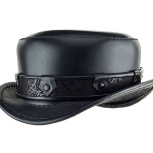Steampunk Hat - "Pinkerton" Short Leather Top Hat with Brocade Band - Black Tophat - Porkpie - Boater - Gambler Hat - Victorian Hat image 1
