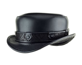 Steampunk Hat - "Pinkerton" Short Leather Top Hat with Brocade Band - Black Tophat - Porkpie - Boater - Gambler Hat - Victorian Hat