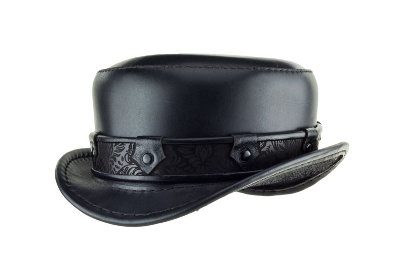 Steampunk Hat - "Pinkerton" Short Leather Top Hat with Brocade Band - Black Tophat - Porkpie - Boater - Gambler Hat - Victorian Hat image 1