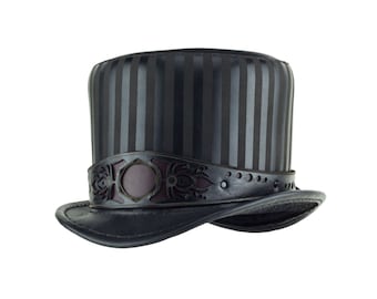 Festival Top Hat - Black Leather "Baron" Stovepipe Top Hat with Red Lotus "Geo band" - Tall Top Hat with Pocket Inside - Steampunk - Festie