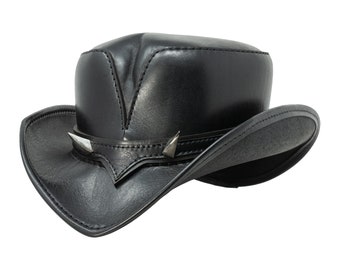 Black Leather Hat - "Wicked Rambler" Apocalyptic Western Hat with Chrome Horns - Pointed brim - Cowboy Hat - Mad Max - Goth - Burning Man