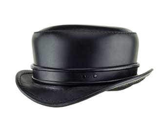 Short Leather Top Hat - "Pinkerton" Black - Steampunk Tophat - Top-stiched - Short Tophat - Ringmaster - Rolled Edge Band - Circus Coture