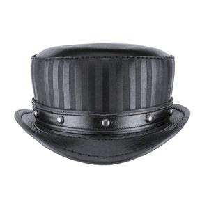 May include: A black leather top hat with a striped band and silver studs around the brim.