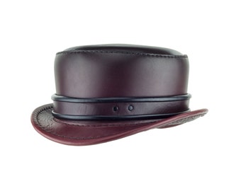 Oxblood Leather Top Hat "Pinkerton" with Rolled Edge Band - Short Crown Short Brim - Leather Hat-Vampire Tophat Steampunk Rocker Burning Man