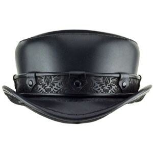 May include: A black leather fedora hat with a decorative embossed band.