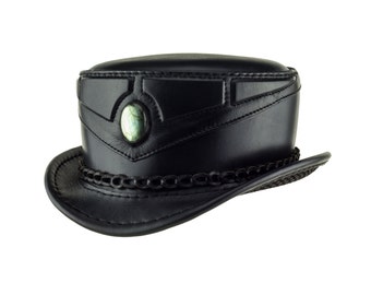 Leather Top Hat "Mystic" Black Sci Fi Short Tophat - Labradorite - Cyber - Tech Geometry - Festival Hat - Gemstone - Crystal - Festie