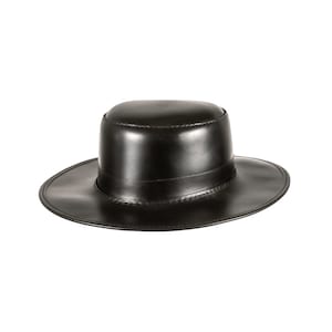 May include: A black leather fedora hat with a wide brim.