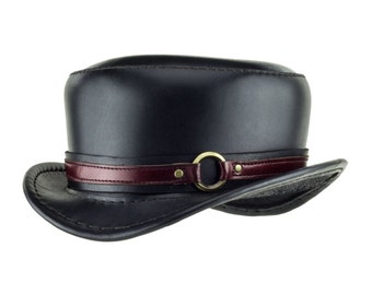 Leather Hat "Pinkerton" Black Tophat - Steampunk Top Hat - Top-stitched - Short Top Hat -Kink - Red Ring Band - Circus Couture - Burning Man