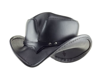 Black Leather Apocalyptic Western Hat "Rambler" - Pointed Brim - Cowboy Hat - Mad Max - Goth Cowboy Hat - Burning Man - Steampunk Cowboy Hat