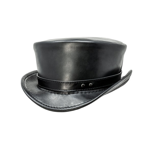 Shotgun - Black Leather Hat - Western Short Top Hat - Black Steampunk Hat - Burning Man - Festival Hat - Tophat men woman USA handmade