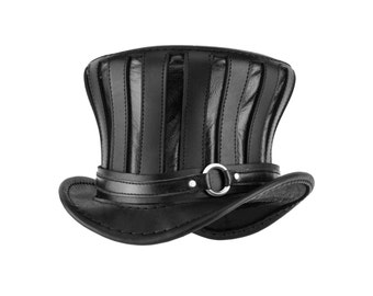 Black Leather Striped Top Hat "Mad Hatter" - Steampunk Hat - Tall Bell Tophat - Alice in Wonderland Hat - Circus Hat - Leather Goth Hat