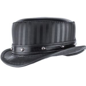 May include: A black leather hat with a striped pattern and silver studs around the brim.