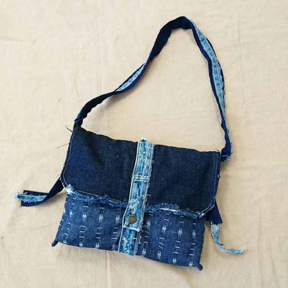 Items similar to Handmade denim patchwork clutch bag, Japanese boro ...