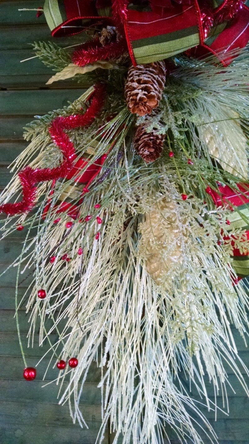 Christmas Swag-Christmas Door Hanger-Front Door Swag-Christmas Porch Decor-Lt Green Christmas Swag-Dk Red Poinsettia Swag