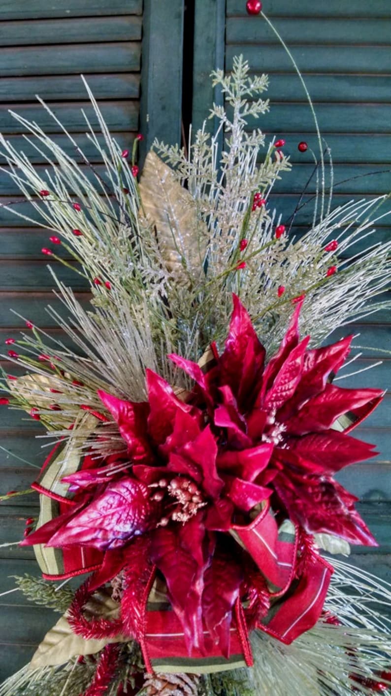 Christmas Swag-Christmas Door Hanger-Front Door Swag-Christmas Porch Decor-Lt Green Christmas Swag-Dk Red Poinsettia Swag