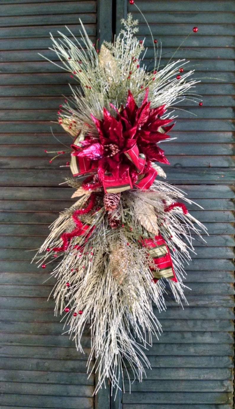 Christmas Swag-Christmas Door Hanger-Front Door Swag-Christmas Porch Decor-Lt Green Christmas Swag-Dk Red Poinsettia Swag