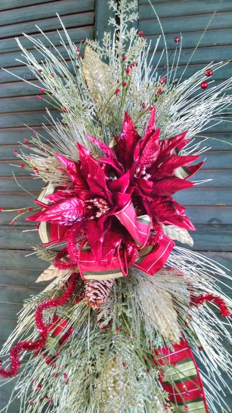 Christmas Swag-Christmas Door Hanger-Front Door Swag-Christmas Porch Decor-Lt Green Christmas Swag-Dk Red Poinsettia Swag