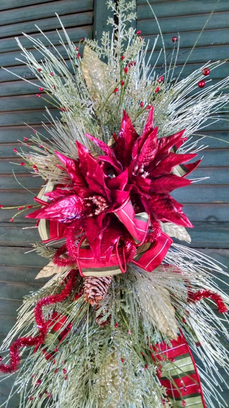 Christmas Swag-Christmas Door Hanger-Front Door Swag-Christmas Porch Decor-Lt Green Christmas Swag-Dk Red Poinsettia Swag