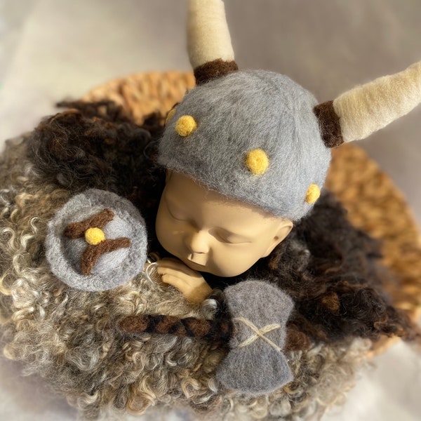 Newborn Viking hat, cape, axe and shield