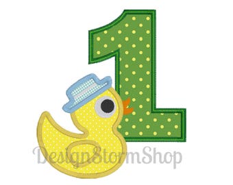 Diseño de aplicación de cumpleaños / Pato de goma Primera máquina de cumpleaños Bordado / 1er cumpleaños Applique Niño / 1 año de edad / Archivo de descarga instantánea / 4x4,5x7