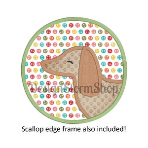 Dog Applique Design/Dachshund Machine Embroidery Design/Instant Digital Download File/Boy or Girl/Animal/Scallop Circle Frame