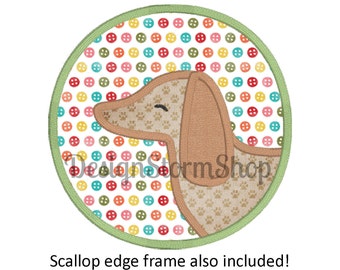 Diseño de apliques para perros/Diseño de bordado a máquina de Dachshund/Archivo de descarga digital instantánea/Niño o niña/Animal/Marco circular festoneado