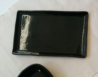 Black Black, Milky White Speckle, Rectangular Serving Plate, Handmade in Monteal