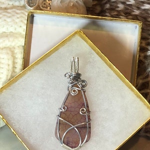 Beautiful Handmade Silver Plated Strong Bail Woven - Wire Wrapped - Light Purple Dragon Veins Agate Teardrop Pendant Gift For Mom/Her/Friend