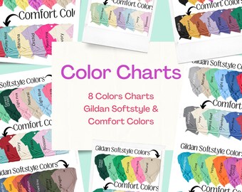 May include: A collection of color charts for Gildan Softstyle and Comfort Colors t-shirts. The charts display various t-shirt colors, including green, pink, blue, and yellow. The text "Color Charts" and "8 Colors Charts" are visible.