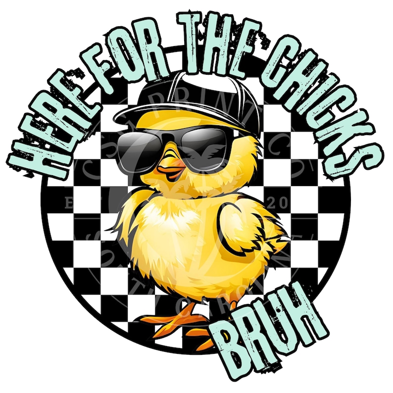 Puede incluir: Ilustraci&oacute;n de dibujos animados de un pollito amarillo con gafas de sol y una gorra de b&eacute;isbol negra. El pollito est&aacute; sobre un fondo a cuadros blanco y negro, con las palabras "HERE FOR THE CHICKS BRUH" en una fuente estilizada.