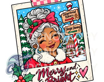 May include: A polaroid-style illustration featuring a person with white hair, a red bow, and a red coat with white fur trim. The background shows a snowy scene with a gingerbread bakery sign, a sleigh sign, and pine trees. Text reads Merry and Bright.