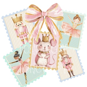 Puede incluir: Una ilustración caprichosa con un lazo rosa y varias imágenes estilo sello postal. Los sellos representan una bailarina, un ratón con corona y dos cascanueces, todos en tonos rosa, dorado y crema. El fondo es blanco.