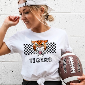 Tigers Mascot Fan Gear Game Day Football Png Retro Football Sublimation School Spirit Checkerboard Football