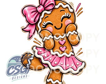May include: A brown gingerbread character illustration featuring a large pink bow on its head, a pink skirt with white polka dots, and pink heart accents on its chest. The character has a smiling face with closed eyes and white icing details.