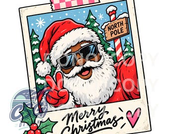May include: A square illustration of Santa Claus wearing sunglasses and a red hat, making a peace sign. The background shows snowy pine trees and a North Pole sign. The image is framed like a polaroid with a pink checkered tape, holly, and the text Merry Christmas.