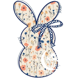 May include: A blue and white checkered bow adorns a light brown Easter bunny with a floral pattern. The bunny is outlined in dark blue.