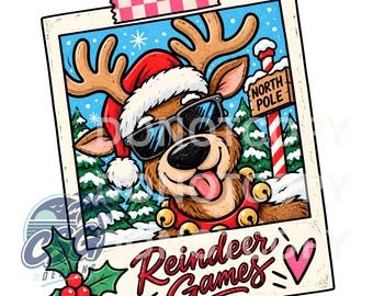 May include: A square graphic print featuring a cartoon reindeer wearing a red Santa hat, sunglasses, and a collar with gold bells. The background shows snowy pine trees and a North Pole sign. The text reads Reindeer Games with a pink heart.