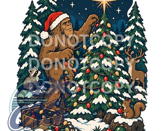 May include: A digital illustration of a brown Bigfoot wearing a red Santa hat, decorating a snow-covered pine tree with colorful string lights. A raccoon, a deer, and a squirrel are nearby in a snowy forest setting under a starry night sky.