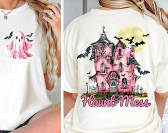 Pink Halloween- Haunt Mess - Haunted House - Pink Ghost Halloween Vintage - Pocket Back Halloween PNG DTF Sublimation File