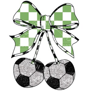 May include: An illustration of two cherries, each designed as a football, hanging from a stem. A large bow, with a green and white chequered pattern, sits above the cherries. The design is outlined in black.