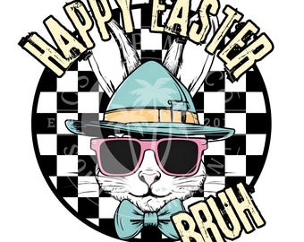 Happy Easter Bruh- Boy Easter Bunny Checkerboard Trendy DTF Png File- Digital Design Retro- Bunny Sunglasses and Hat- Sublimation Printable