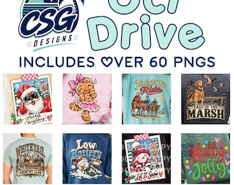 May include: A digital collection titled Oct Drive featuring over 60 PNG graphic designs. The images include a Santa Claus, a gingerbread person, camels, a dog in a marsh, a deer, a snowman, and text-based holiday and seasonal illustrations.