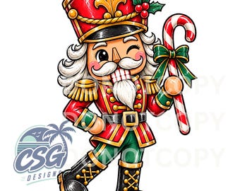 May include: A cartoon nutcracker illustration wearing a red and gold uniform with a tall hat adorned with holly and berries. The character has white hair, a mustache, and is winking while holding a red and white striped candy cane with a green bow.
