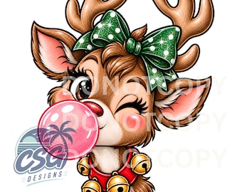 May include: A cartoon illustration of a brown reindeer with large antlers, wearing a green polka-dot bow and a red collar with gold bells. The reindeer is winking and blowing a large pink bubblegum bubble. A logo with a palm tree is visible.