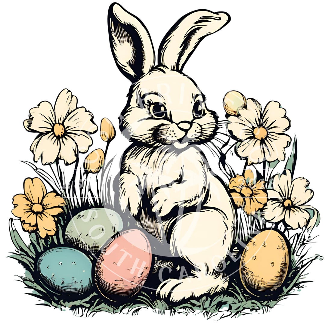 Vintage Easter Bunny Png- Floral Bunny With Eggs- Trendy Retro Preppy ...